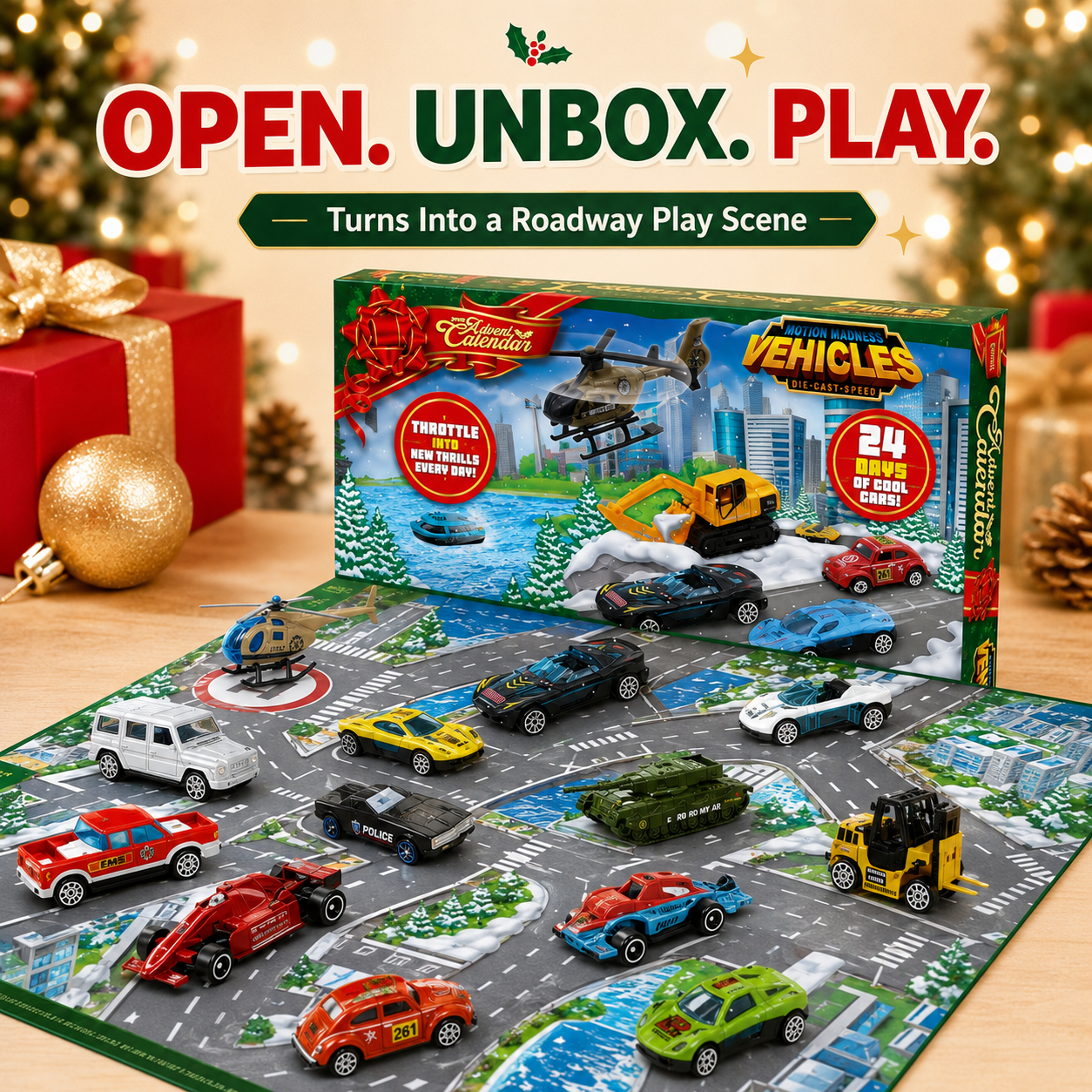 🚗 24-Day Christmas Vehicle Advent Calendar with Fold-Out Play Scene 🚁