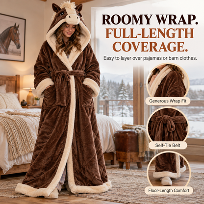 🐴 Horse Lover Plush Robe – Full-Length Sherpa-Lined Cozy Hooded Bathrobe