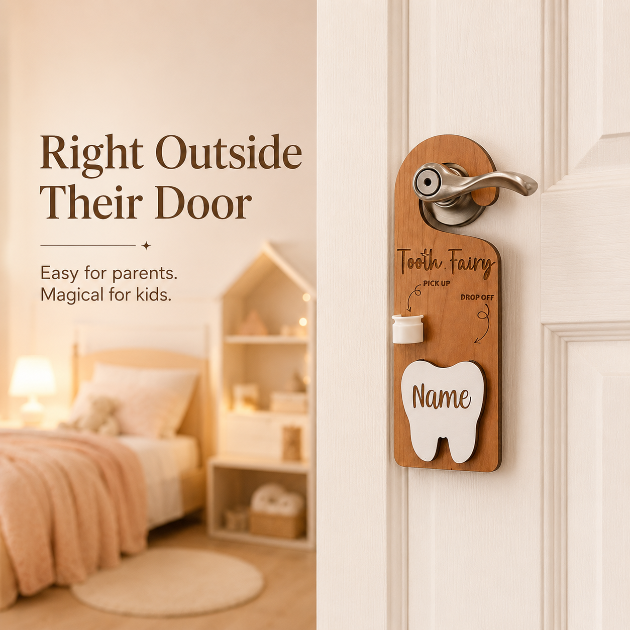 🧚 Personalized Wooden Tooth Fairy Door Hanger with Money Pocket 🦷