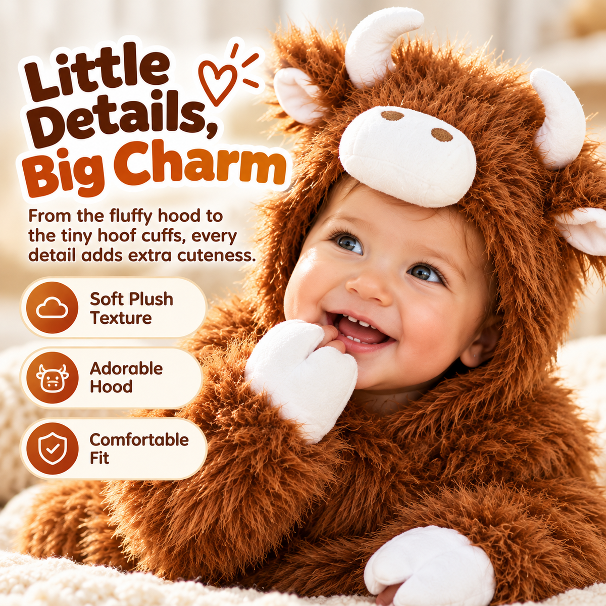 🦬 Baby Buffalo Halloween Costume – Cozy Plush Hooded Animal Jumpsuit for First Halloween Photos