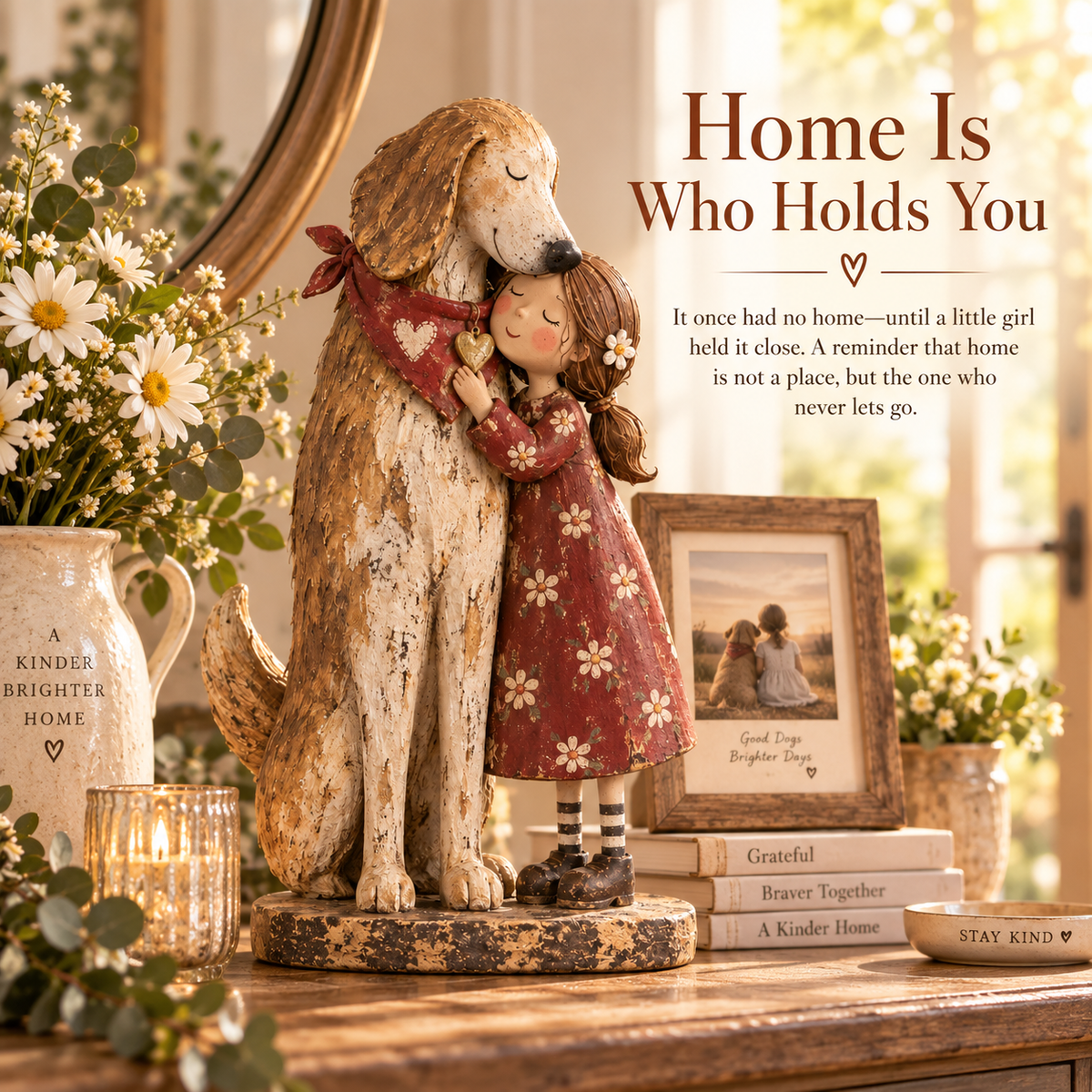 🐾 "Home Is Who Holds You" Girl & Rescued Dog Keepsake – Sentimental Folk Art Figurine ❤️