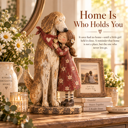 🐾 "Home Is Who Holds You" Girl & Rescued Dog Keepsake – Sentimental Folk Art Figurine ❤️
