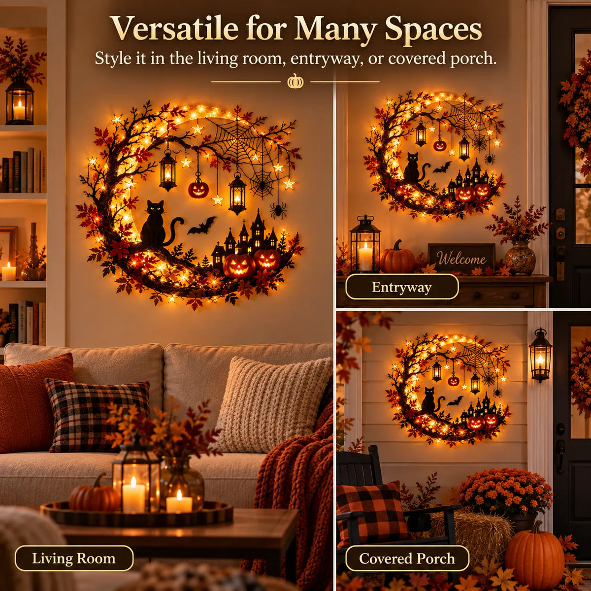 🚚 FREE SHIPPING 🎃 Enchanting Halloween Crescent Moon Wall Light with Black Cat & LED Lanterns 🐈