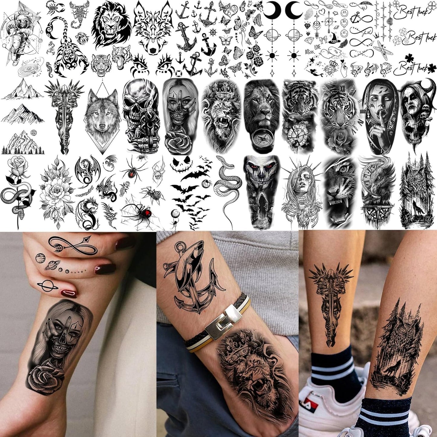 🔥 76 Pcs Tribal Temporary Tattoo Set - Wolf, Lion & Skull | Instant Forearm Sleeve | Zero Pain 🐺✨