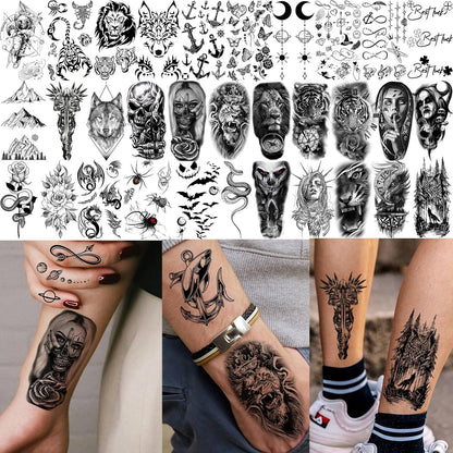 🔥 76 Pcs Tribal Temporary Tattoo Set - Wolf, Lion & Skull | Instant Forearm Sleeve | Zero Pain 🐺✨