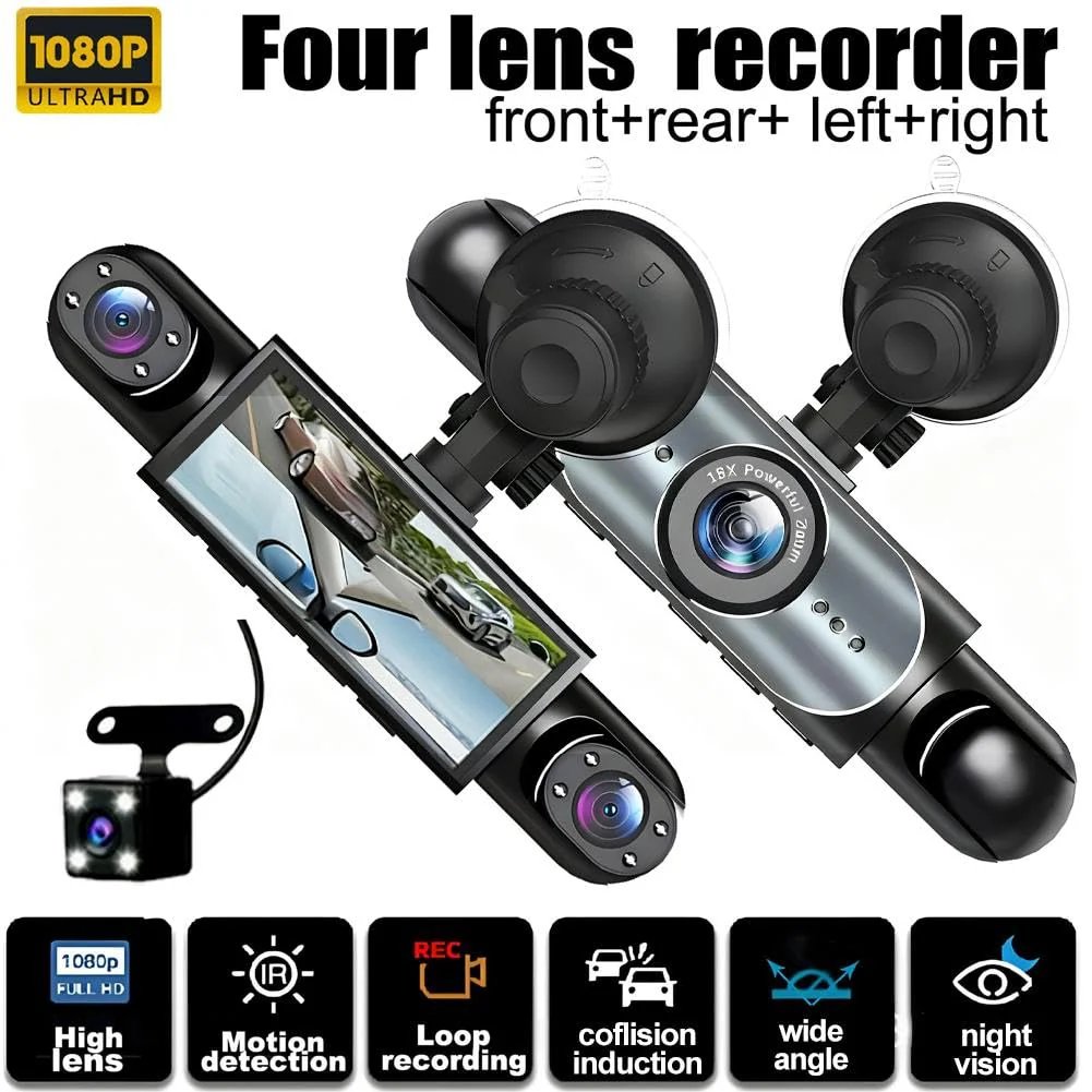 🚗 4-Channel 360° Dash Camera – Front, Rear, Side & Cabin Recording 🛡️