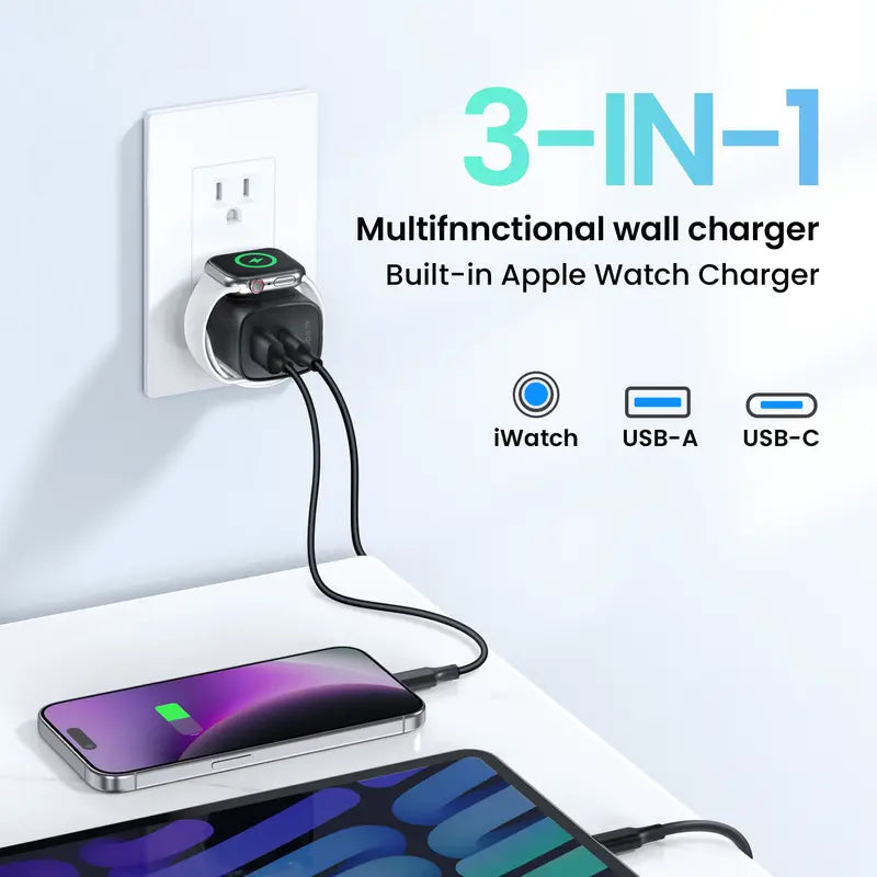 🔥Last Day 55% OFF - 3-in-1 20W USB-C Fast Charger with Magnetic Apple Watch Dock & Cable