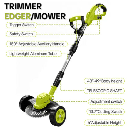 21V Cordless 3-in-1 Grass Trimmer, Edger & Mini Lawn Mower with 2 Batteries