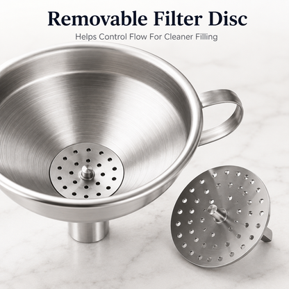 Stainless steel funnel, suitable for transferring oils and liquids; kitchen funnel with a brush
