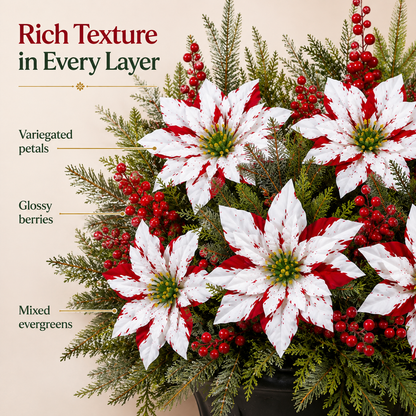 🎄 Set of 6 Christmas Poinsettia Planter Insert Picks – Red & White Holiday Urn Decor 🌺