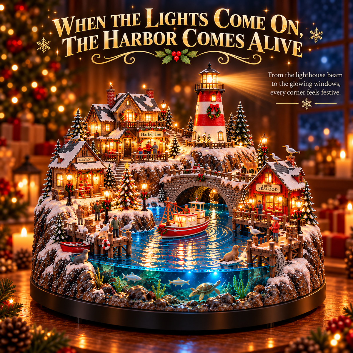 🌊 50%+ OFF Harborlight Christmas™ – Lighted Coastal Village with Lighthouse & Underwater Scene 🎄