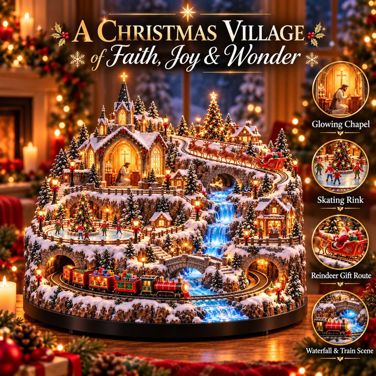 🔥 LAST DAY 49% OFF 🔥 Lighted Animated Christmas Village with Train, Reindeer Sleigh & Waterfall ✨