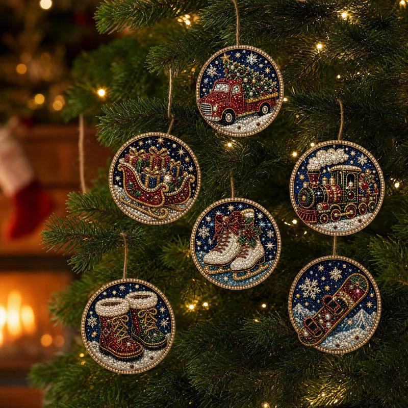 🎄 6-Piece Christmas Diamond Art Wooden Ornament Kit – DIY Pearl & Rhinestone Crafts ✨