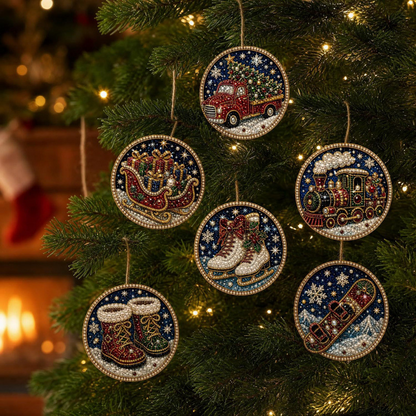 🎄 6-Piece Christmas Diamond Art Wooden Ornament Kit – DIY Pearl & Rhinestone Crafts ✨