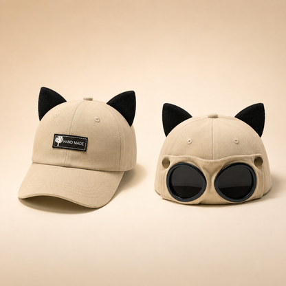 🧢 Cat Ear Aviator Goggle Baseball Cap with Tinted Lenses 🕶️