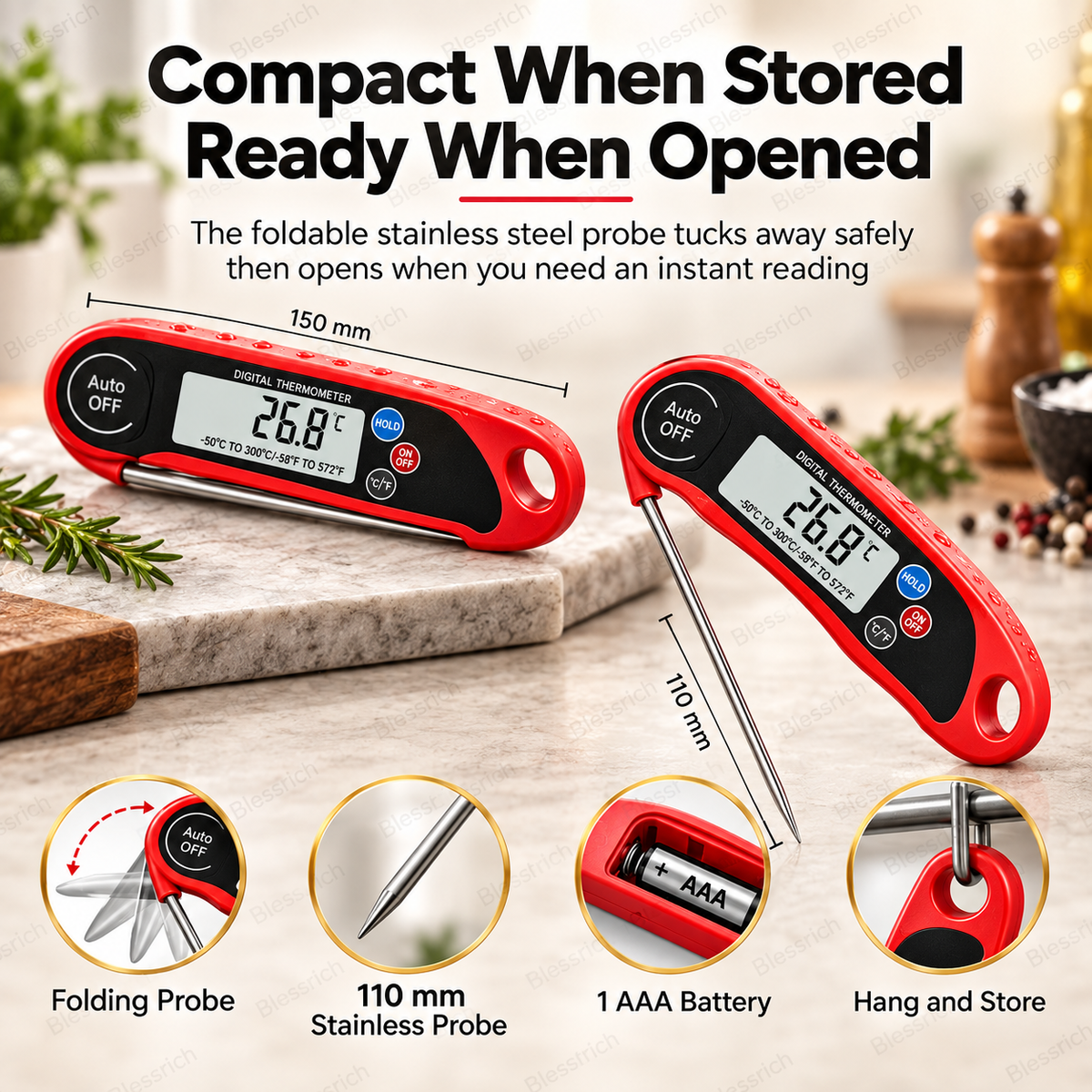 🌡️ Foldable Digital Food Thermometer - Fast Reading Instant Meat Thermometer ⚡