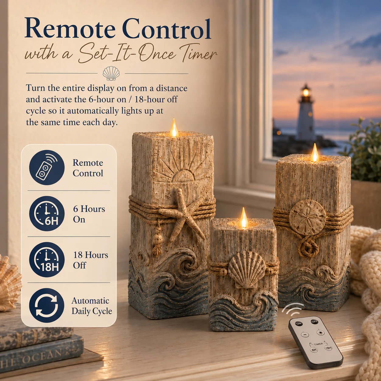 🔥 HOT SALE 🔥🌊 Coastal Wooden LED Candle Set of 3 with Remote & Timer 🕯️