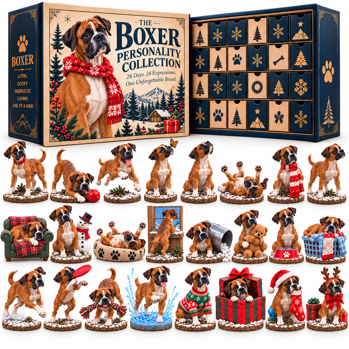 🐾🎄 – 24-Day Boxer Dog Christmas Advent Calendar with 24 Unique Collectible Figurines