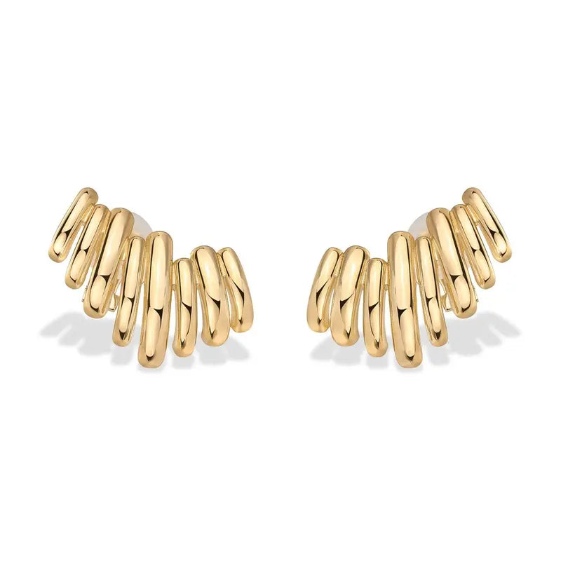 ✨ 50% OFF 14K Gold Plated Climber Stud Earrings for Women – Ribbed Statement Style