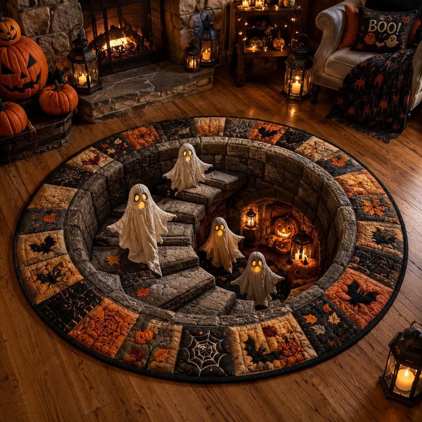 🎃 Skeleton Vortex Quilted Round Mat – Spooky Halloween Floor Illusion 💀