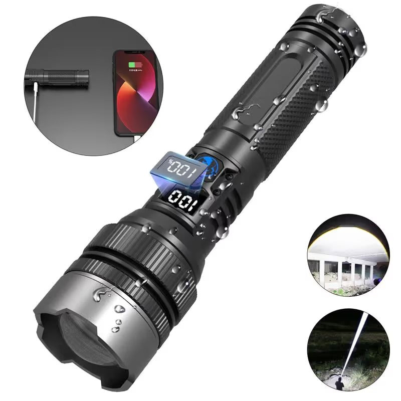 🔦 Rechargeable LED Flashlight – Zoom Beam & Power Bank Function 🔋