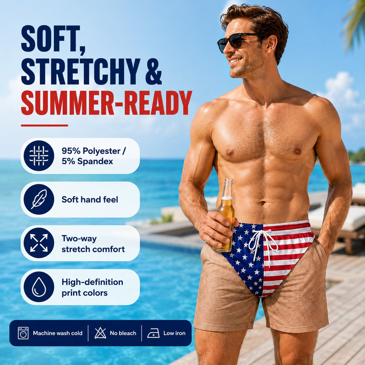Custom Funny Patriotic Men Swim Trunks - Personalized Summer Vacation And Travel Gifts For Men - Freedom And Chill