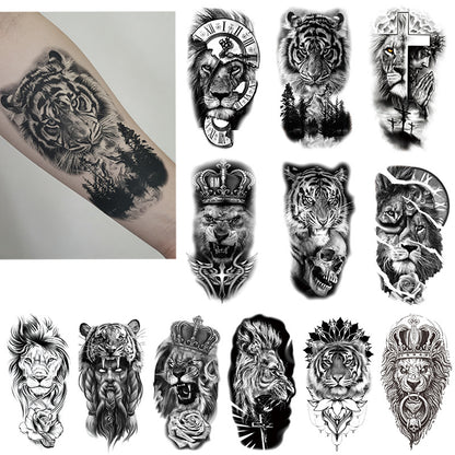 🔥 76 Pcs Tribal Temporary Tattoo Set - Wolf, Lion & Skull | Instant Forearm Sleeve | Zero Pain 🐺✨