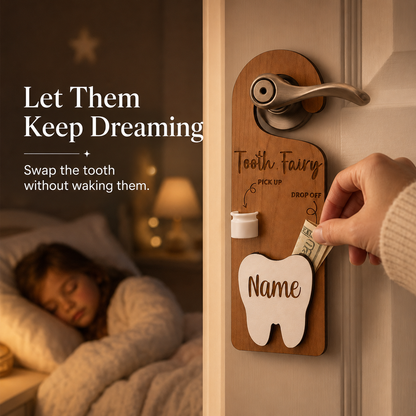 🧚 Personalized Wooden Tooth Fairy Door Hanger with Money Pocket 🦷
