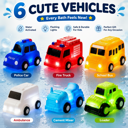 🚗 Water-Activated Light-Up Vehicle Toys – 6PCS Glowing Bath & Pool Play Set ✨