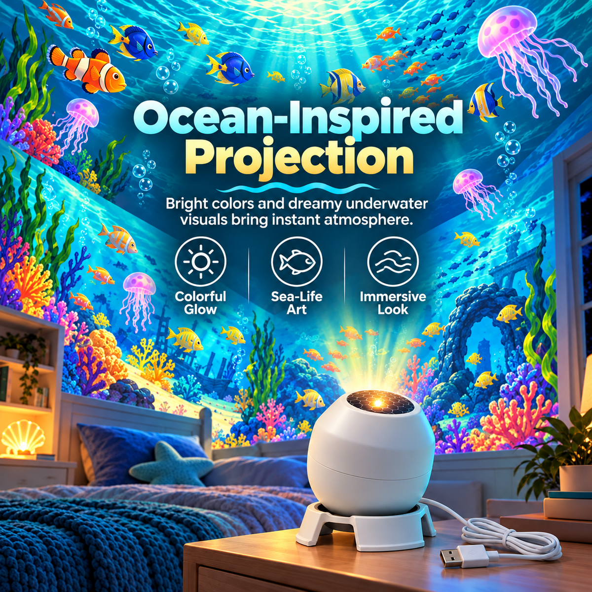 🌊 Ocean Glow Underwater Projection Light – 360° Adjustable USB-Powered Bedroom Mood Projector
