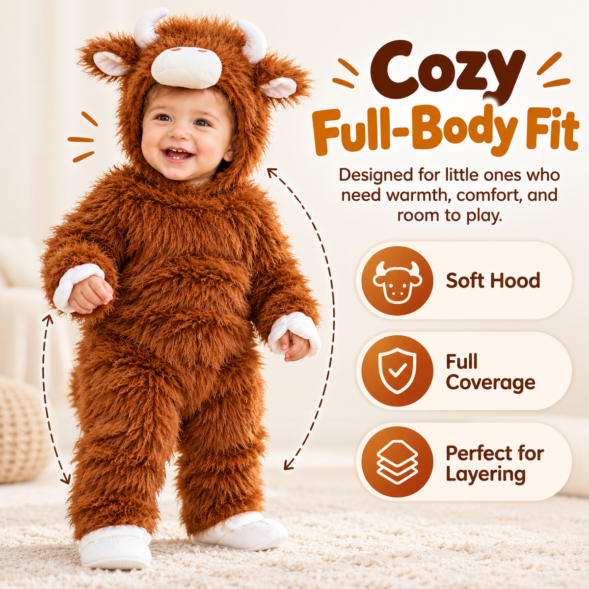 🦬 Baby Buffalo Halloween Costume – Cozy Plush Hooded Animal Jumpsuit for First Halloween Photos