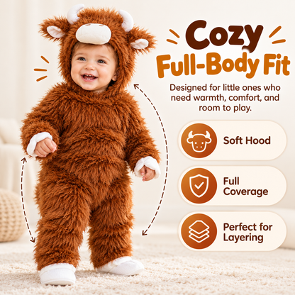 🦬 Baby Buffalo Halloween Costume – Cozy Plush Hooded Animal Jumpsuit for First Halloween Photos