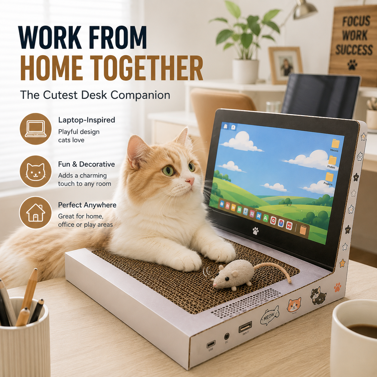 💻 Laptop Cat Scratcher Cardboard Toy with Mouse Ball and DIY Stickers 🐾