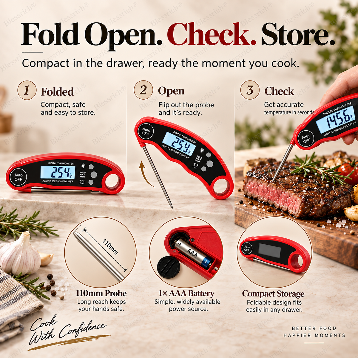 🌡️ Foldable Digital Food Thermometer - Fast Reading Instant Meat Thermometer ⚡