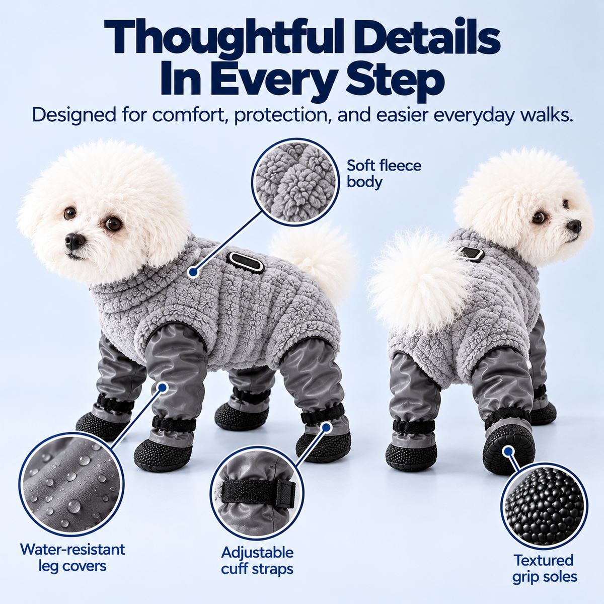 🐾 All-in-One Dog Paw & Leg Protection Suit – Fleece Body, Grip Soles & Leash Ring