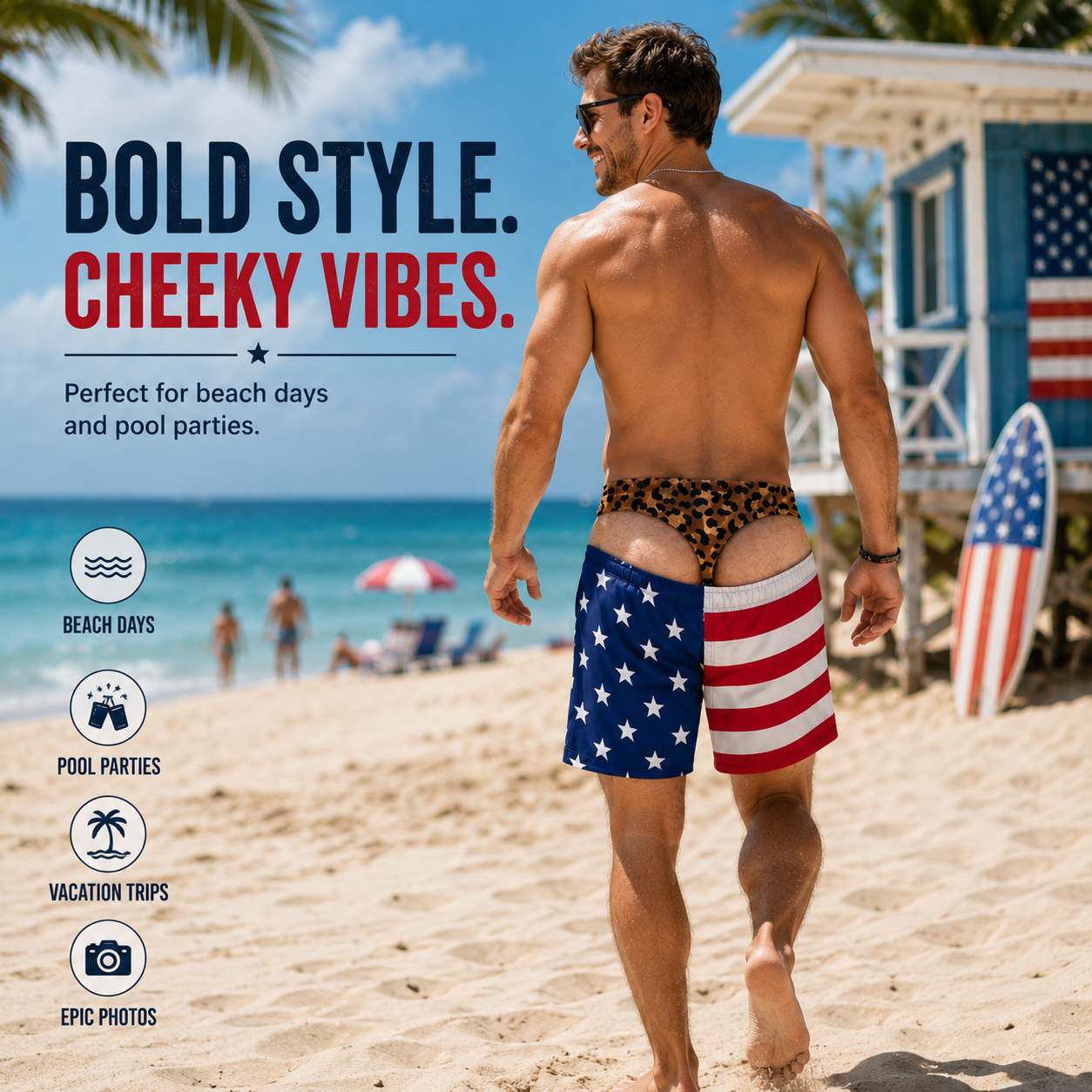 BUY 2 GET FREE SHIPPING 🚚💨 | 🇺🇸 Faux Leopard Thong Patriotic Swim Shorts 🩳