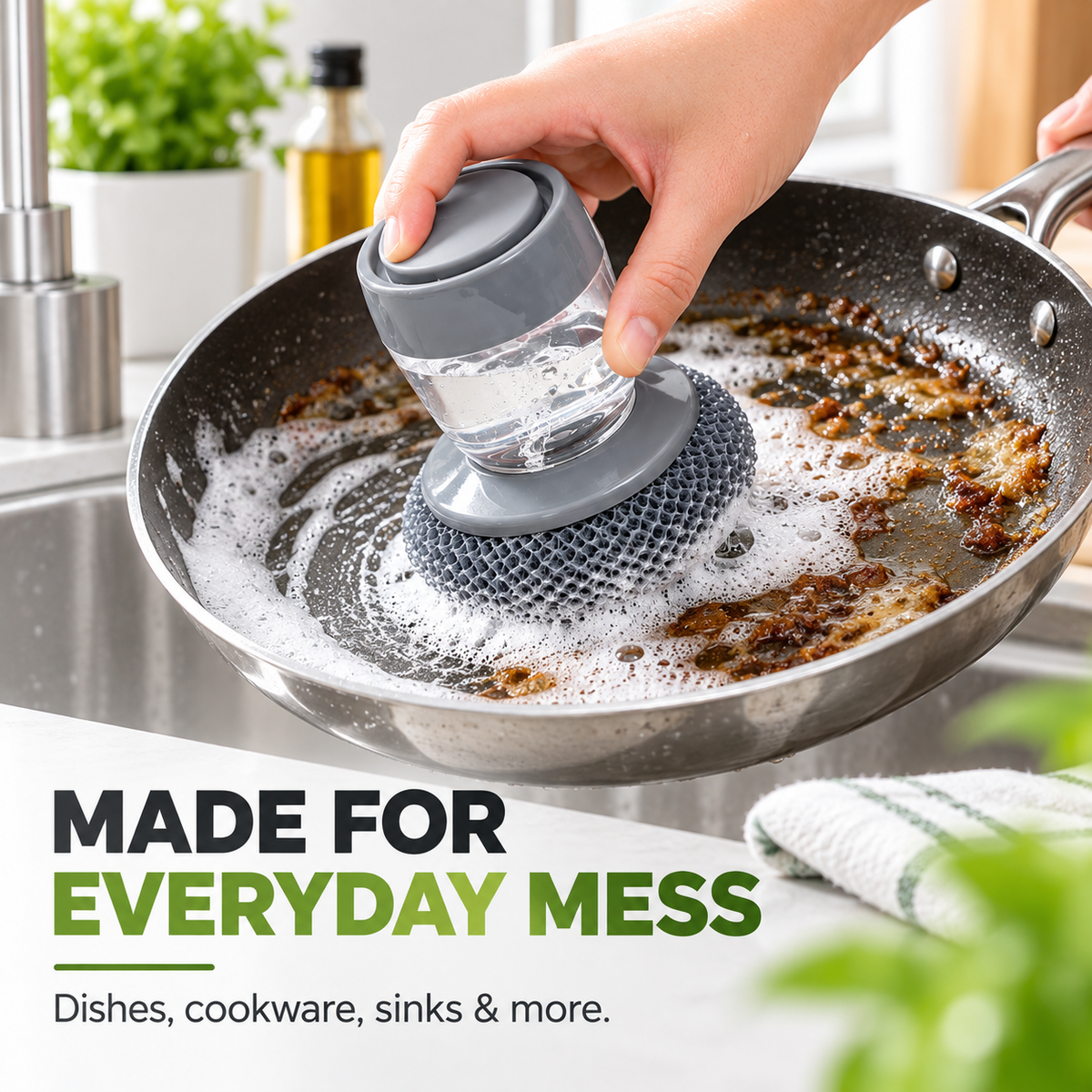 🧽 Refillable Soap Dispensing Dish Scrubber – Palm Kitchen Cleaning Brush ✨