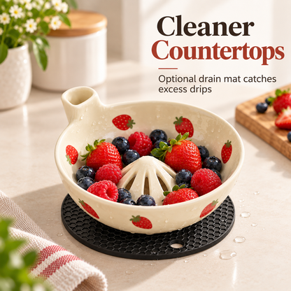 🍓 Ceramic Fruit Washing Colander & Serving Drain Bowl with Honeycomb Drip Mat 🍇