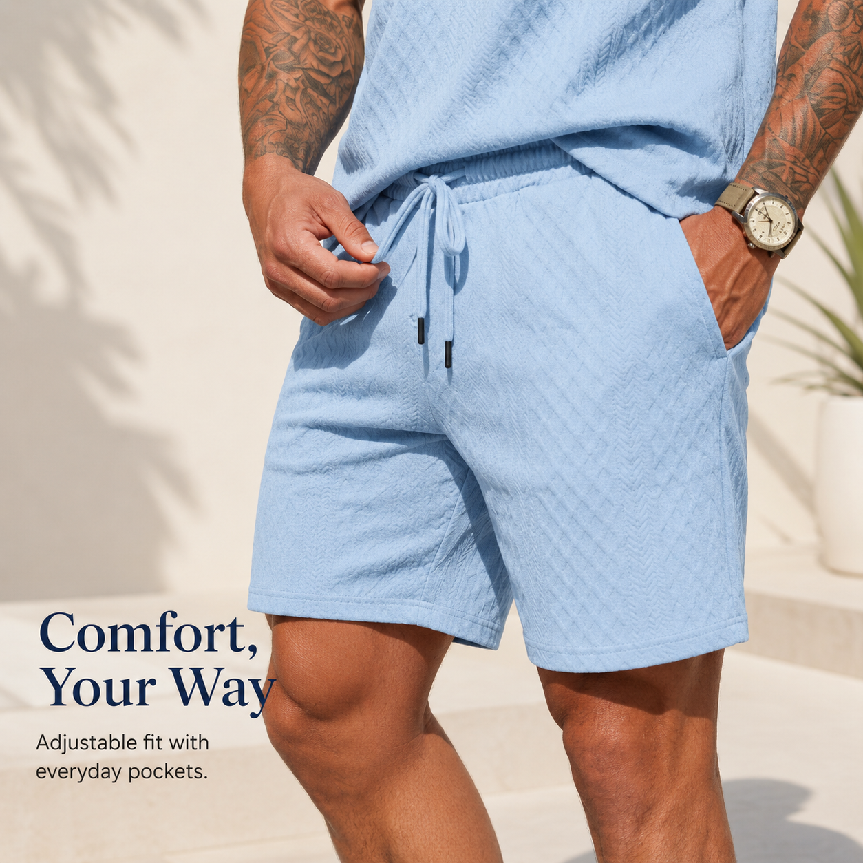 👔 Mens Textured Short Sleeve Polo Shirt and Drawstring Shorts 2 Piece Set 🩳