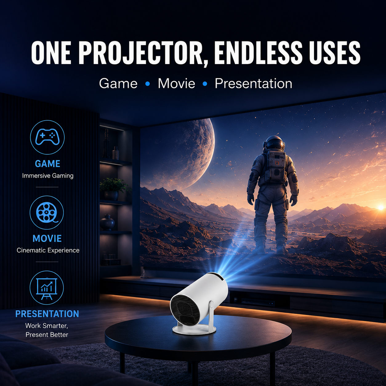 🎬 Smart Mini Portable Projector 180° Rotation 4K Supported WiFi 6 Bluetooth 5.0 🍿