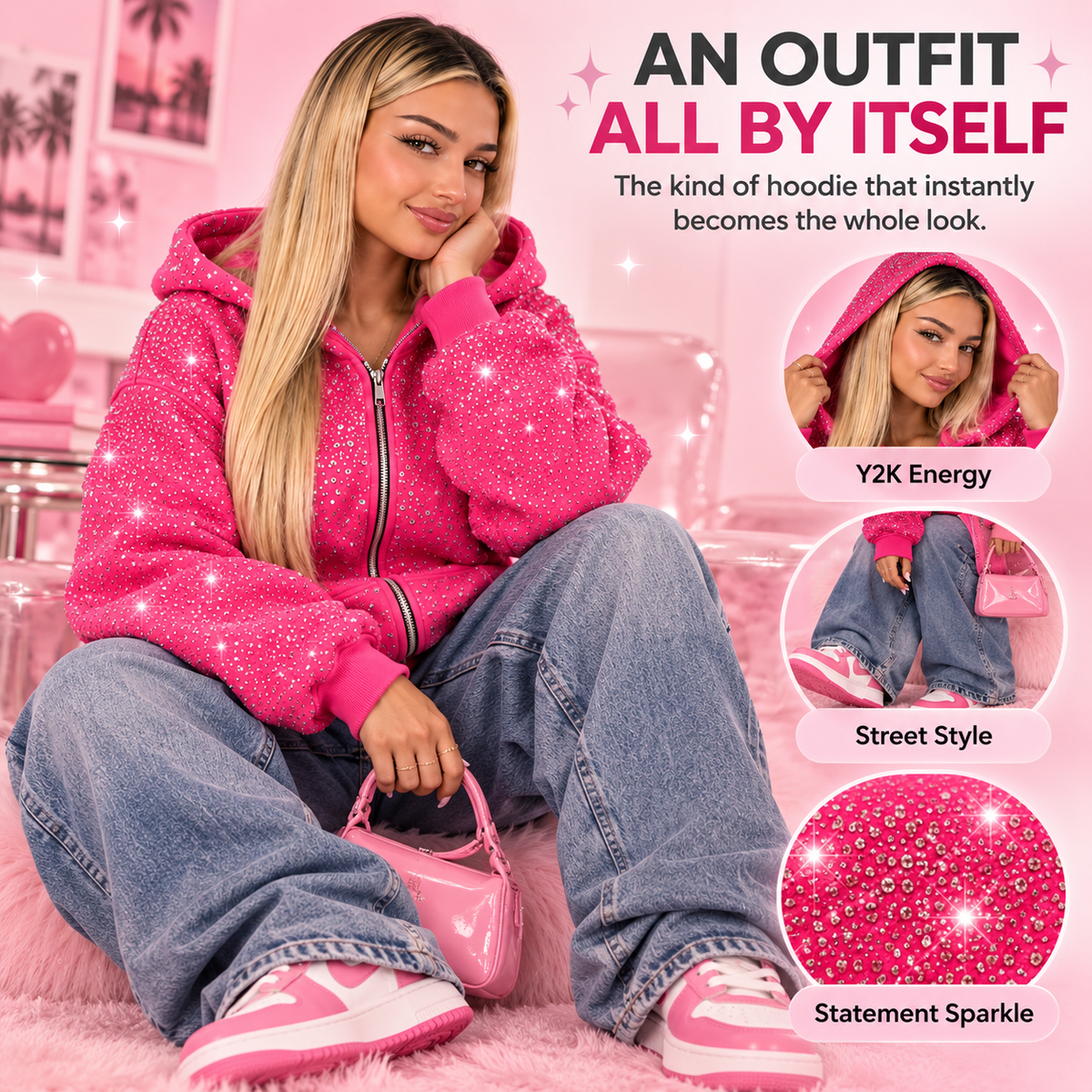 💎 50% OFF Rhinestone Full-Zip Hoodie – Oversized Y2K Balaclava Streetwear