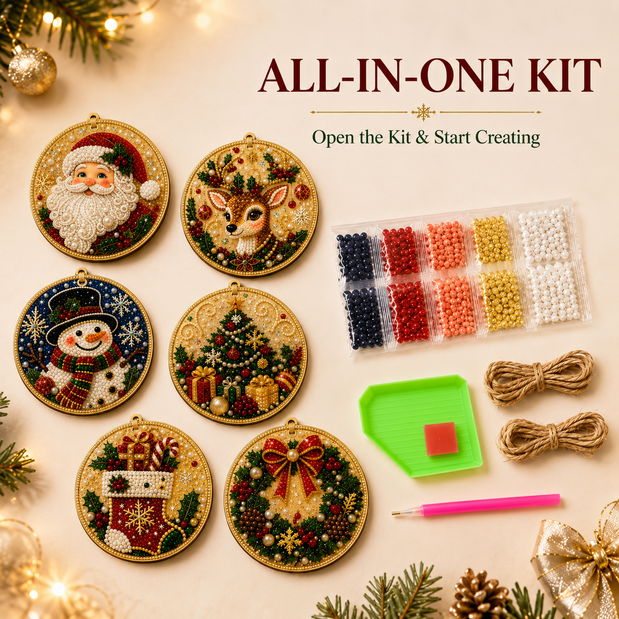 🎄 6-Piece Christmas Diamond Art Wooden Ornament Kit – DIY Pearl & Rhinestone Crafts ✨
