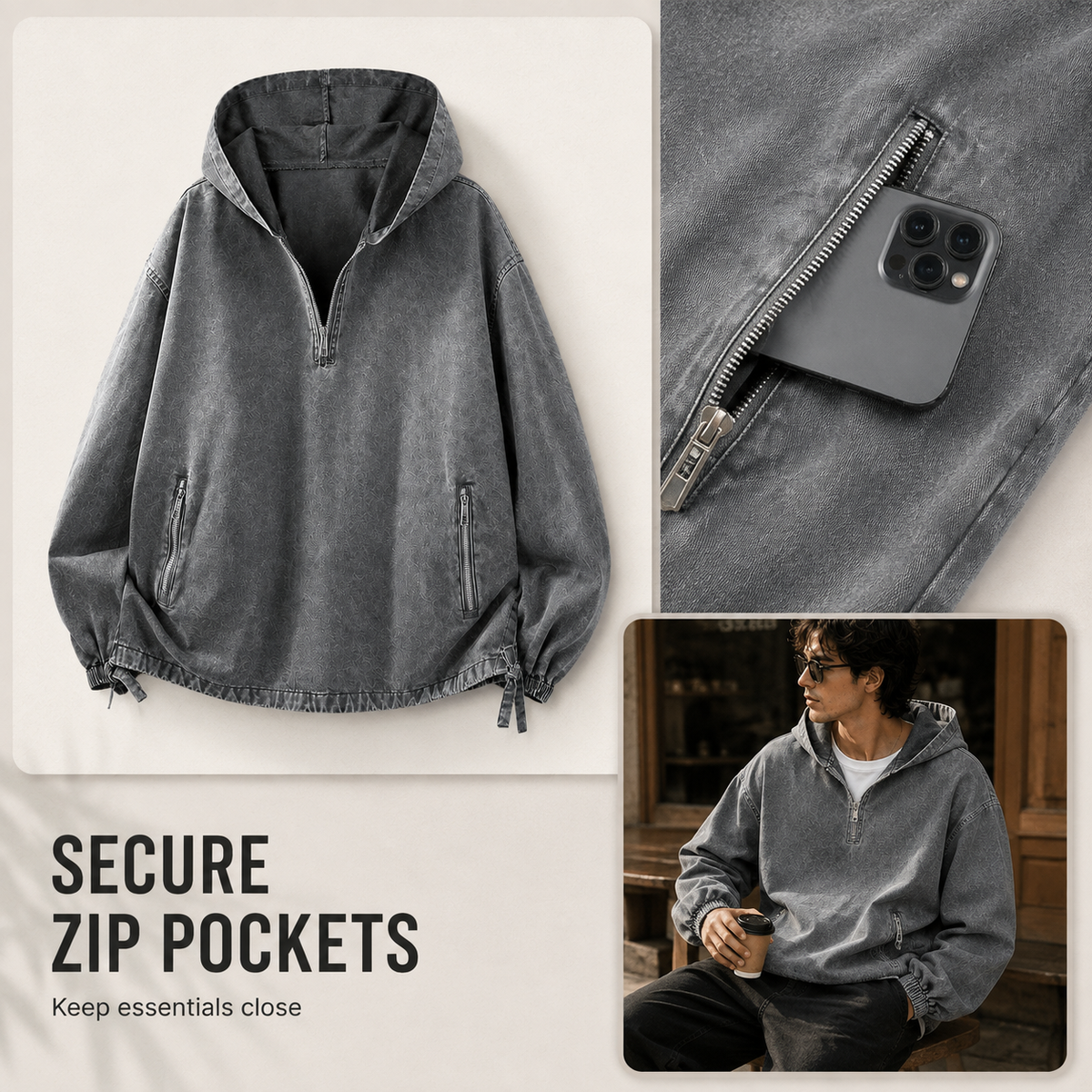 🧥 100% Cotton Vintage Washed Half-Zip Hoodie – Relaxed Fit Pullover ✨