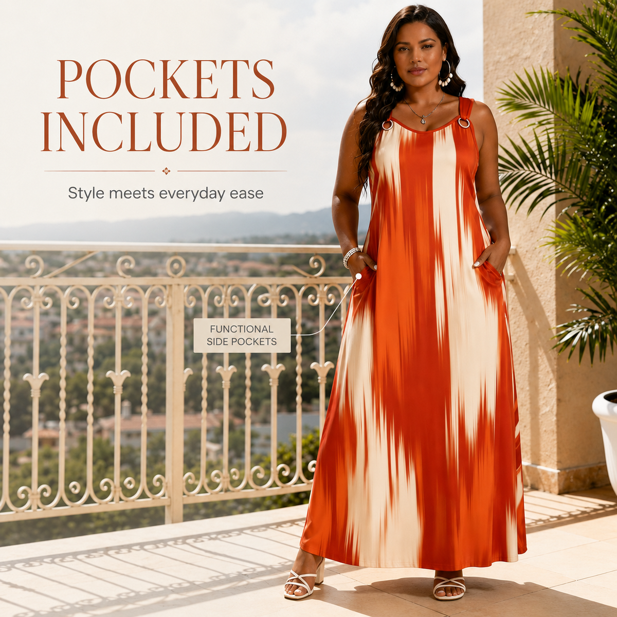💃 Women's Sleeveless Printed Ring-Strap Loose Maxi Dress with Pockets 🌴