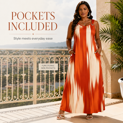 💃 Women's Sleeveless Printed Ring-Strap Loose Maxi Dress with Pockets 🌴