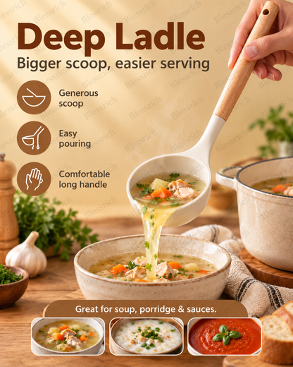 🍳 Flexible Silicone Kitchen Utensils – 3-Piece Wood Handle Cooking Set