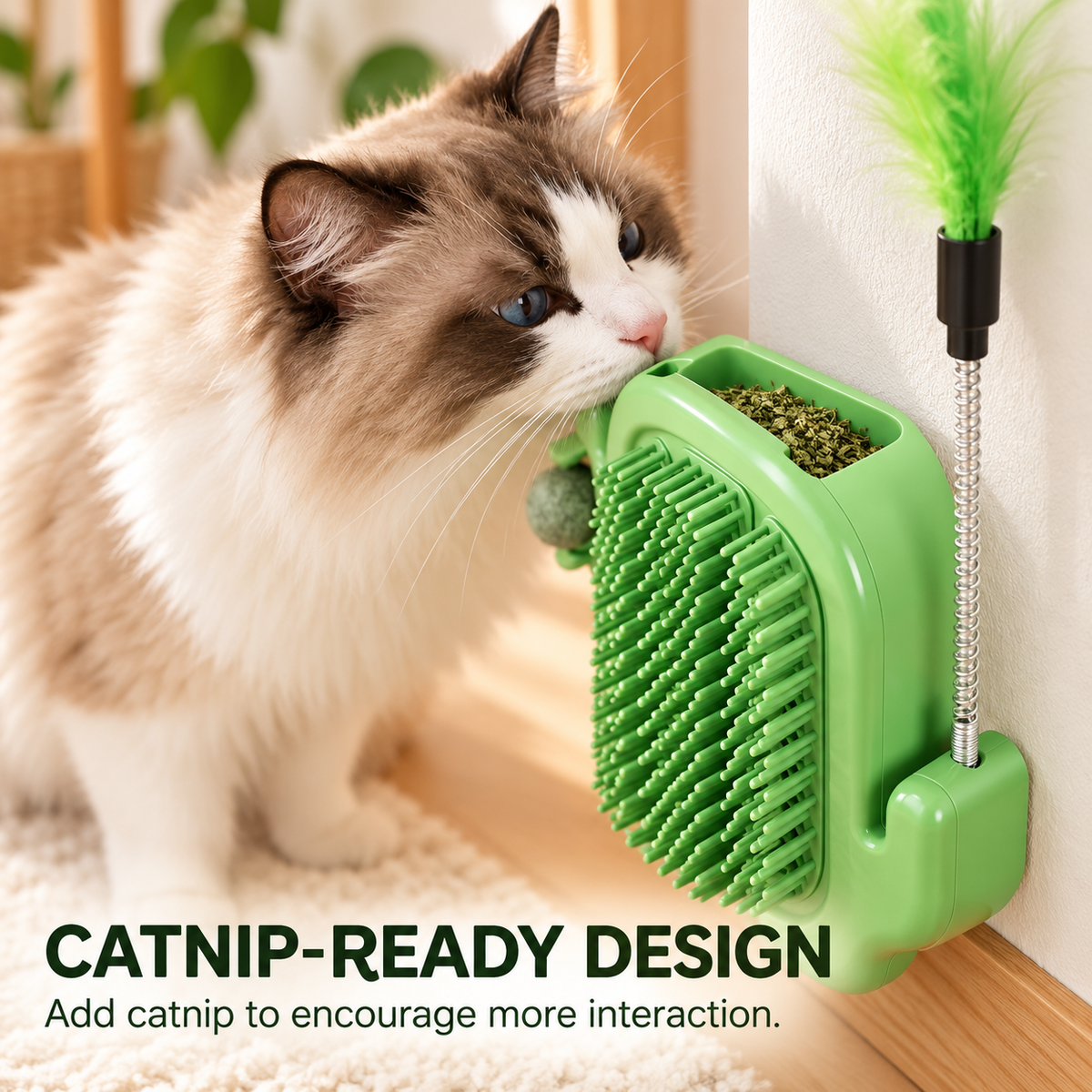 🐾 3-in-1 Cat Self-Grooming Corner Brush with Catnip Ball & Feather Teaser 🌿