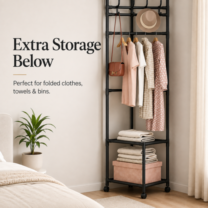 👗 Freestanding Corner Garment Rack with Wheels & Storage Shelves 👠