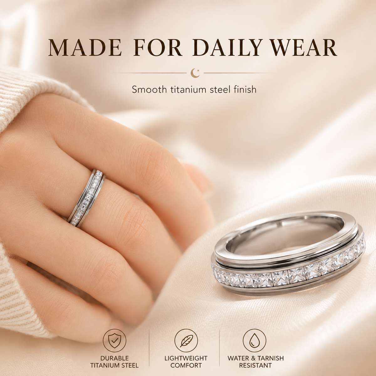 💍 Rotating Anxiety Spinner Ring with Cubic Zirconia & Titanium Steel ✨