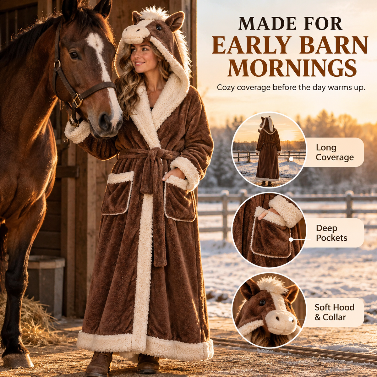 🐴 Horse Lover Plush Robe – Full-Length Sherpa-Lined Cozy Hooded Bathrobe
